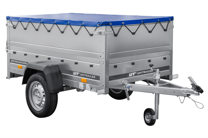 Gartenanhänger 200 Kipp mit Stützrad, zwei Seitenwänden, H-0-Rahmen und blauer Plane
