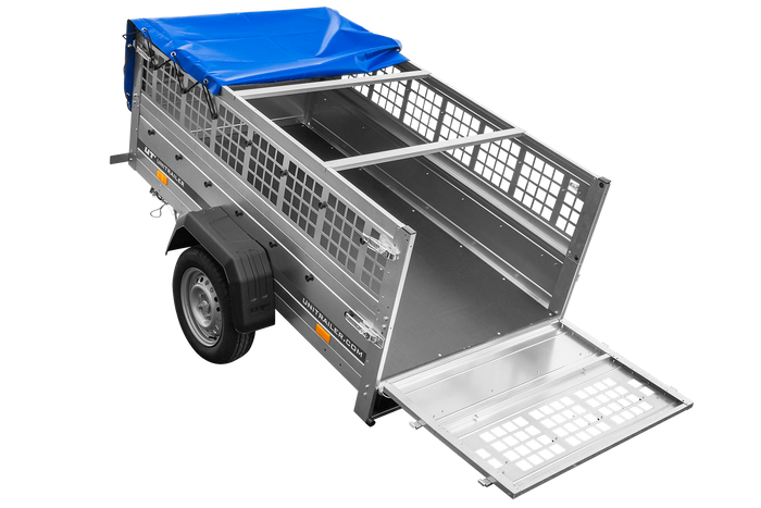 Leichter Anhänger 200x106 UNITRAILER GARDEN 200 KIPP mit Gitterwänden, H-0-Rahmen und blauer Plane