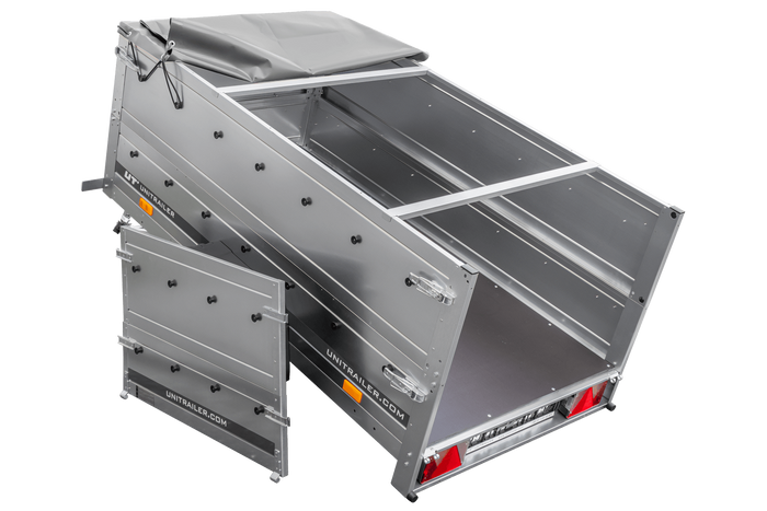 Gartenanhänger 200 Kipp mit Stützrad, zwei Seitenwänden, H-0-Rahmen und grauer Plane