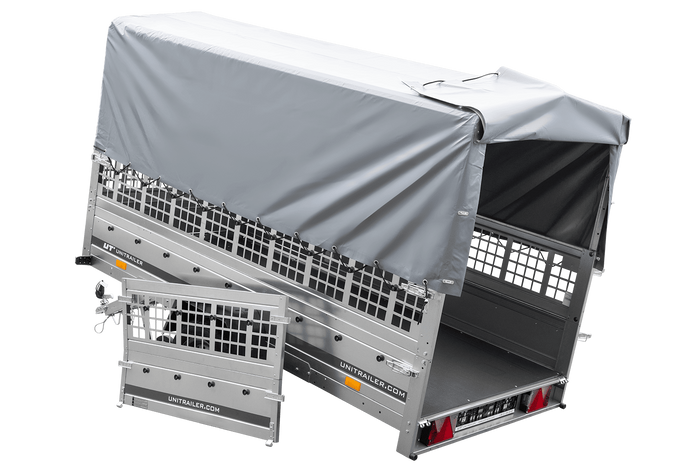 1-Achs-Anhänger GARDEN TRAILER 264 KIPP mit Laubgitteraufsatz, grauer Hochplane, Hochspriegel und Stützrad