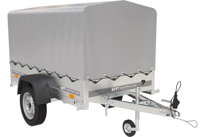 Einachsanhänger auf Federn 200x125 UNITRAILER GARDEN 201/R KIPP mit H-800-Rahmen und grauer Plane