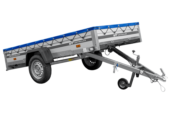 Autotransportanhänger mit Aluminiumseitenwänden 264x125 Unitrailer Garden 264 KIPP ALU mit H-0-Rahmen und blauer Plane
