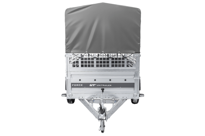 Einachsanhänger 230x125 UNITRAILER FORCE 230 KIPP mit Gitterseitenwänden, H-800 Rahmen und grauer Plane