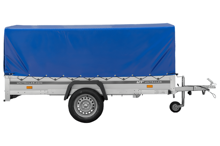 Einachsanhänger mit Aluminiumseitenwänden 264x125 Unitrailer Garden 264 KIPP ALU mit H-800 Rahmen und blauer Plane