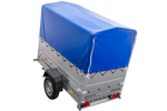 Autotransportanhänger 200x106 UNITRAILER GARDEN 200 KIPP mit BIS-Seitenwänden, H-800-Rahmen und blauer Plane