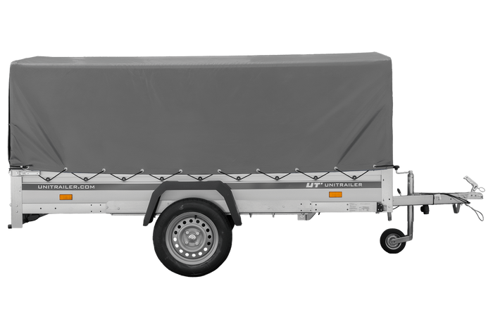 Einachsanhänger mit Aluminiumseitenwänden 264x125 Unitrailer Garden 264 KIPP ALU mit H-800 Rahmen und grauer Plane