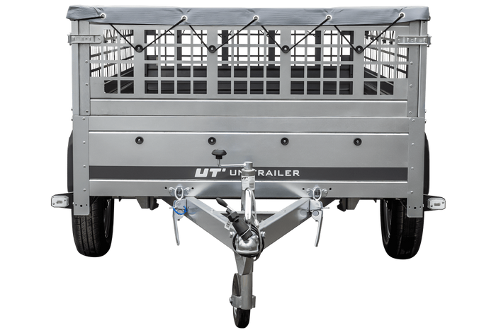 PKW-Anhänger 230x125 UNITRAILER GARDEN 230 KIPP mit Gitterseitenwänden und grauer Plane