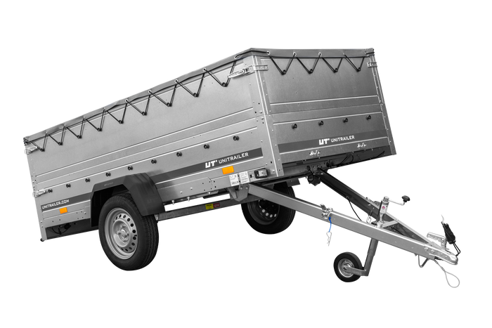 Einachsanhänger auf Federn 264x125 UNITRAILER GARDEN 264/R KIPP mit BIS-Seiten, H-0-Rahmen und grauer Plane