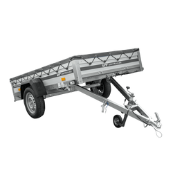 PKW-Anhänger mit Alubordwänden 230x125 Garden Trailer 230 KIPP ALU mit grauer Flachplane und Flachplanenträger