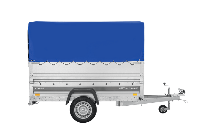 Autotransportanhänger 230x125 UNITRAILER FORCE 230 KIPP mit BIS-Seitenwänden, H-800-Rahmen und blauer Plane