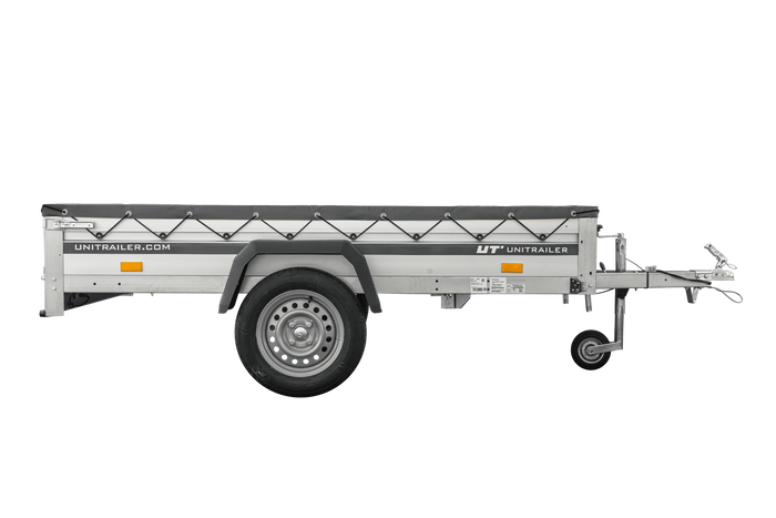 Einachsanhänger mit Aluminiumseitenwänden 230x125 Unitrailer Garden 230 KIPP ALU mit H-0-Rahmen und grauer Plane