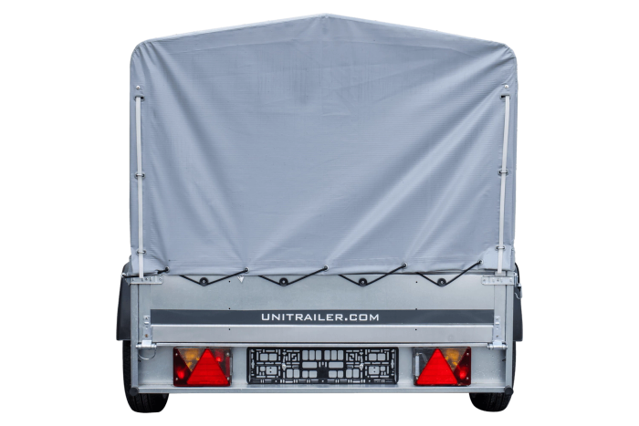 Einachsanhänger auf Blattfedern 230x125 UNITRAILER GARDEN 230/R KIPP mit H-800-Rahmen und grauer Plane