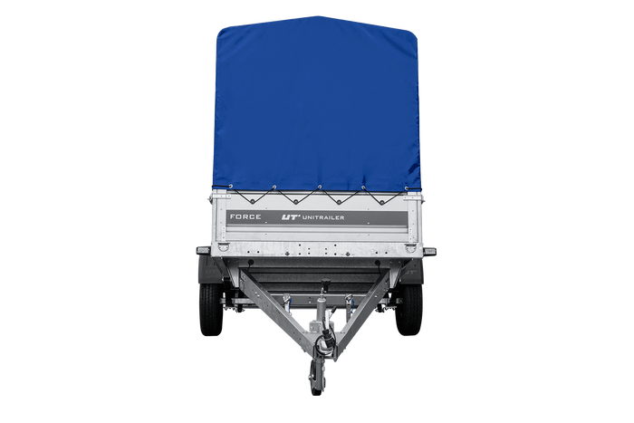 Einachsiger Anhänger mit Blattfedern 264x125 UNITRAILER FORCE 264/R KIPP mit H-1100 Spriegel und blauer Plane