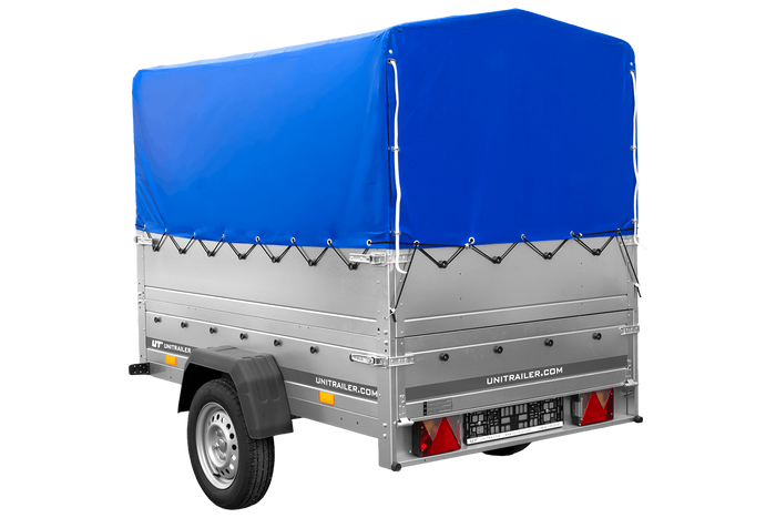 Einachsanhänger 200x125 UNITRAILER GARDEN 201 KIPP mit BIS-Seitenwänden, H-800-Rahmen und blauer Plane