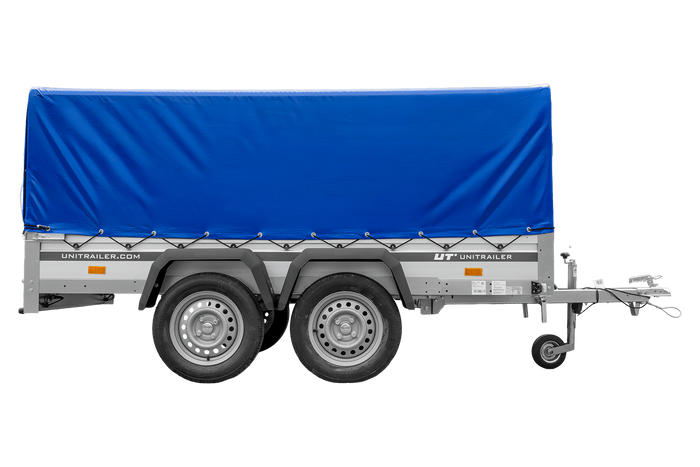 Zweiachsiger Anhänger mit Aluminiumseitenwänden 264x125 Unitrailer Garden 264/2 KIPP ALU mit H-800 Rahmen und blauer Plane