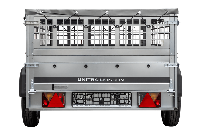 PKW-Ahänger 230x125 UNITRAILER GARDEN 230 KIPP mit Gitteraufsatz und grauer Plane