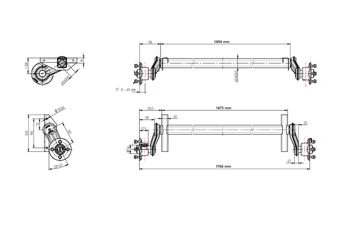KNOTT VG7-L ungebremste Achse für Bootsanhänger 750 kg 1475 mm 1766 mm 4x100