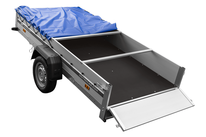 Autotransportanhänger mit Aluminiumseitenwänden 264x125 Unitrailer Garden 264 KIPP ALU mit H-0-Rahmen und blauer Plane