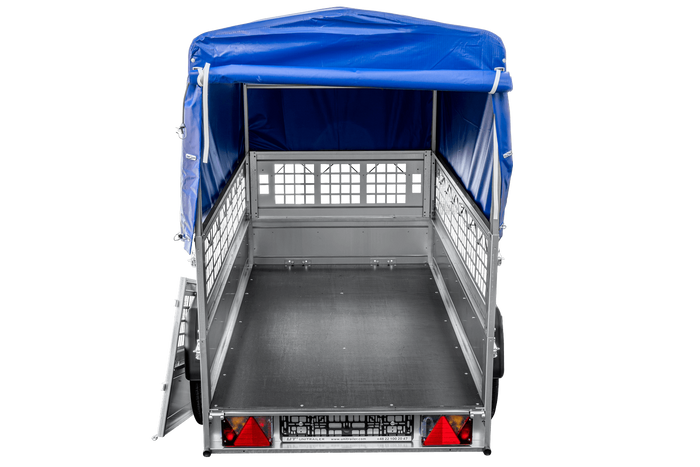 Leichter Anhänger 200x106 UNITRAILER GARDEN 200 KIPP mit Gitterwänden, H-800 Rahmen und blauer Plane