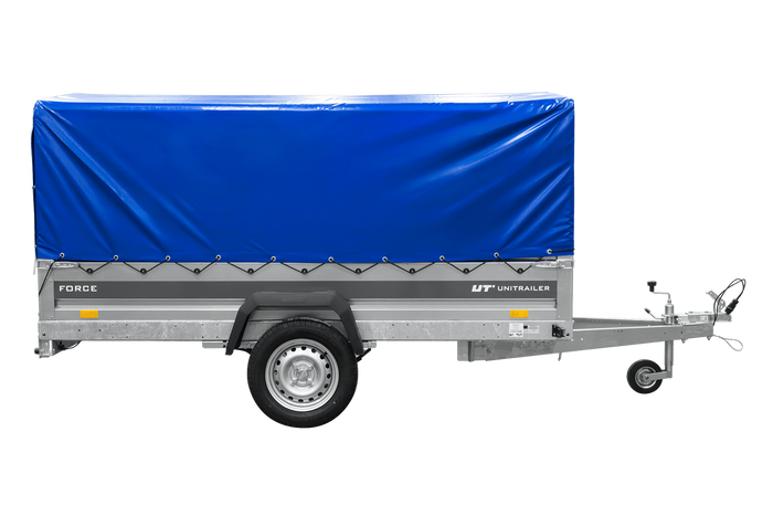 Einachsiger Anhänger mit Blattfedern 264x125 UNITRAILER FORCE 264/R KIPP mit H-800 Spriegel und blauer Plane