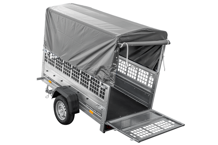 Autotransportanhänger 200x106 UNITRAILER GARDEN 200 KIPP mit Gitterwänden, H-800 Rahmen und grauer Plane