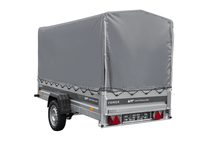Einachsiger Anhänger mit Blattfedern 264x125 UNITRAILER FORCE 264/R KIPP mit H-1100 Rahmen und grauer Plane