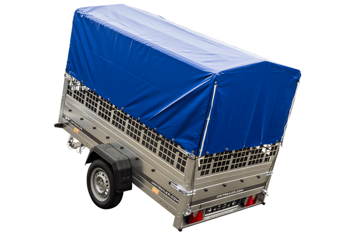 PKW-Anhänger 230x125 UNITRAILER GARDEN 230 KIPP mit Gitterseitenwänden und blauer Hochplane 80 cm