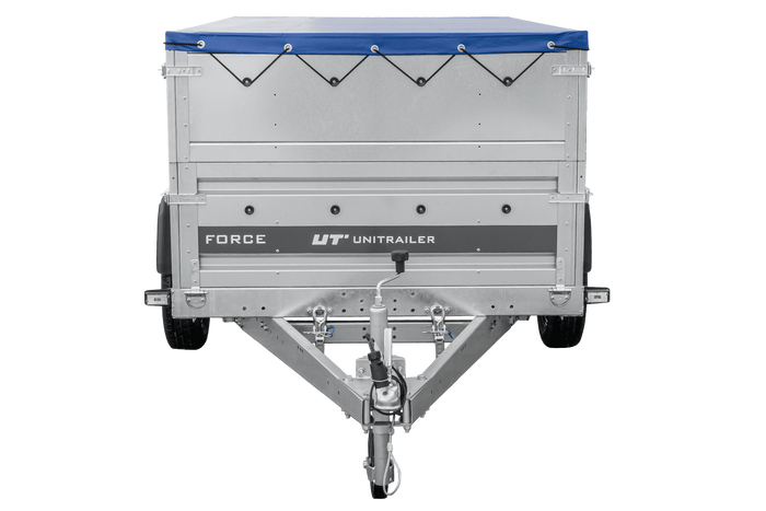 Autotransportanhänger auf Federn 230x125 UNITRAILER FORCE 230/R KIPP mit BIS-Seitenwänden, H-0-Rahmen und blauer Plane