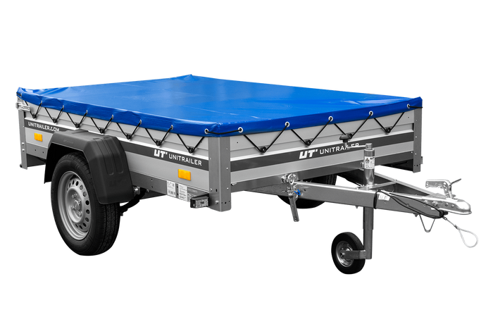 Einachsiger Anhänger auf Blattfedern mit Aluminiumseitenwänden 200x125 Unitrailer Garden 201/R KIPP ALU mit H-0-Rahmen und blauer Plane