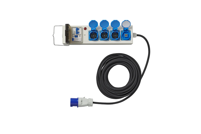 CEE Camping-Verlängerungskabel mit Verteiler ProPlus 373583DE, 10 m Kabel, 3x Schuko-Steckdosen, 2x USB