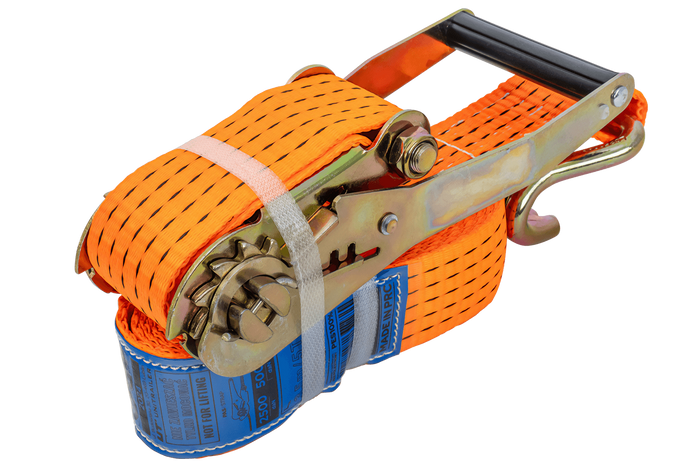 Satz aus vier orangefarbenen UNITRAILER 4m/50mm/5t Transportgurten mit Spannvorrichtung