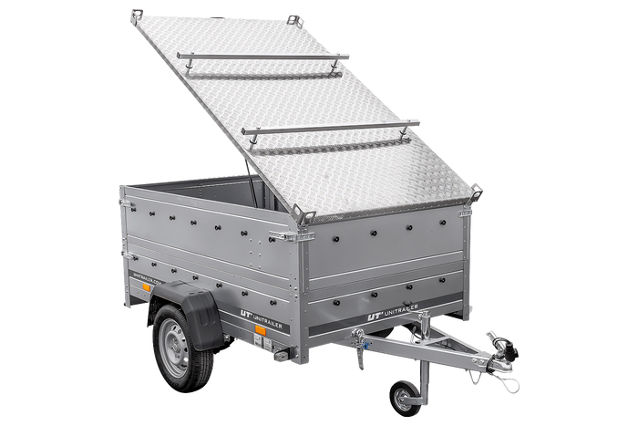 Einachsiger Anhänger auf Blattfedern 230x125 UNITRAILER GARDEN 230/R KIPP mit BIS-Seitenwänden und Aluminiumabdeckung