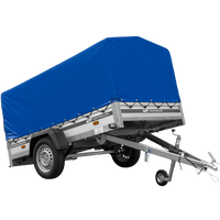 Einachsiger Anhänger auf Blattfedern mit Aluminiumseitenwänden 230x125 Unitrailer Garden 230/R KIPP ALU mit H-800 Rahmen und blauer Plane