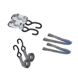 Set aus zwei HILLS 3 m/25 mm/1 t Transportgurten mit Spannvorrichtung und zwei 0,45 m Gurten zur Sicherung des Motorrads