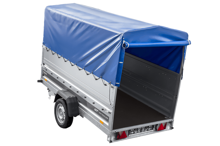 Leichter Anhänger auf Blattfedern 264x125 UNITRAILER FORCE 264/R KIPP mit BIS-Seitenwänden, H-800-Rahmen und blauer Plane