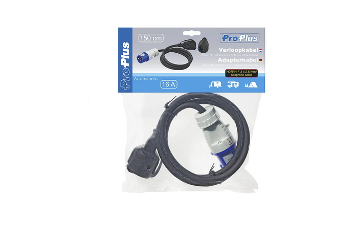Adapter mit CEE-Stecker und -Buchse mit Schutzkontakt, 16 A, 230 V, ProPlus 373530DE, Kabellänge 150 cm
