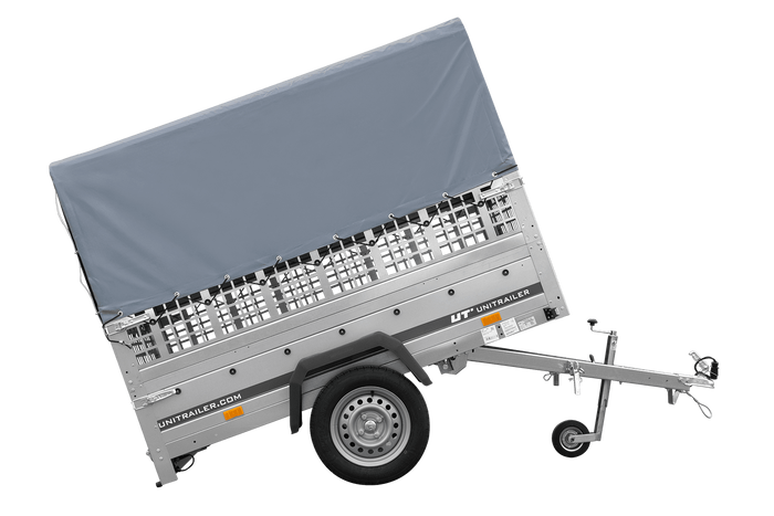 Einachsanhänger 200x125 UNITRAILER GARDEN 201 KIPP mit Gitterseitenwänden, H-800 Rahmen und grauer Plane