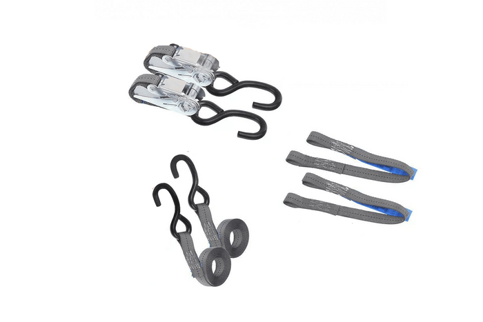 Set aus zwei HILLS 3m/25mm/1t Transportgurten mit Spanner und zwei 0,45m Gurten zur Sicherung des Motorrades