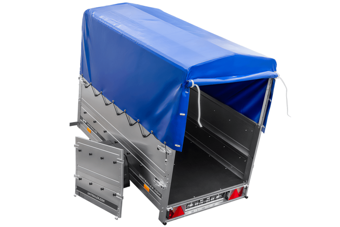 Autotransportanhänger 200x106 UNITRAILER GARDEN 200 KIPP mit BIS-Seitenwänden, H-800-Rahmen und blauer Plane