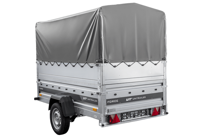 Einachsiger Federanhänger 230x125 UNITRAILER FORCE 230/R KIPP mit BIS-Seitenwänden, H-800-Rahmen und grauer Plane