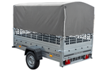 Planenanhänger 230x125 Garden Trailer 230 KIPP mit Laubgitteraufsatz, grauer Hochplane, Hochspriegel und Stützrad