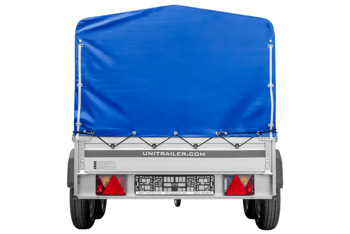 Zweiachsiger Anhänger mit Aluminiumseitenwänden 264x125 Unitrailer Garden 264/2 KIPP ALU mit H-800 Rahmen und blauer Plane
