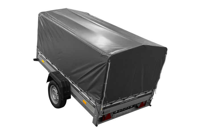 Einachsanhänger mit Aluminiumseitenwänden 230x125 Unitrailer Garden 230 KIPP ALU mit H-800 Rahmen und grauer Plane