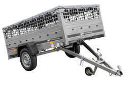 PKW-Anhänger 230x125 UNITRAILER GARDEN 230 KIPP mit Gitterseitenwänden und grauer Plane