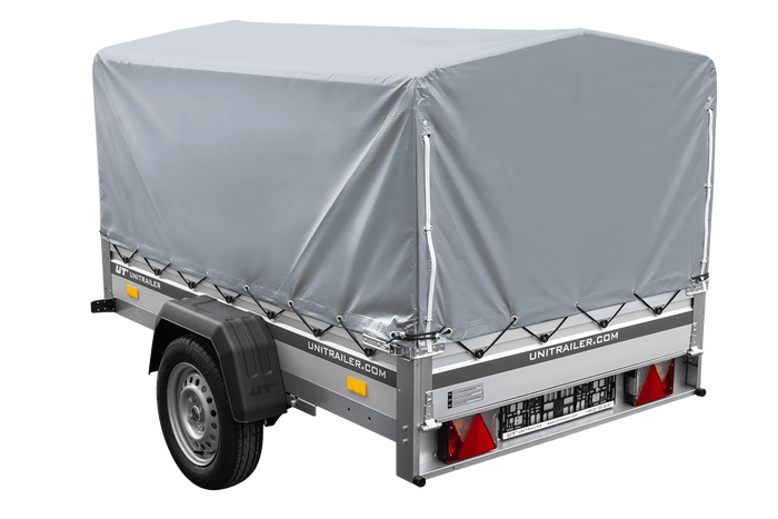 Autotransportanhänger auf Federn mit Aluminiumseitenwänden 200x125 Unitrailer Garden 201/R KIPP ALU mit H-800 Rahmen und grauer Plane