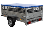 Pkw Transport Anhänger 230x125 Garden Trailer 230 KIPP mit Laubgitteraufsatz, blauer Flachplane, Planenträgern und Stützrad