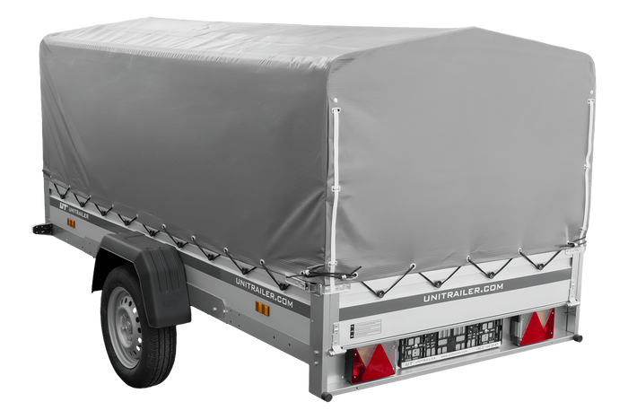 Einachsanhänger mit Aluminiumseitenwänden 264x125 Unitrailer Garden 264 KIPP ALU mit H-800 Rahmen und grauer Plane
