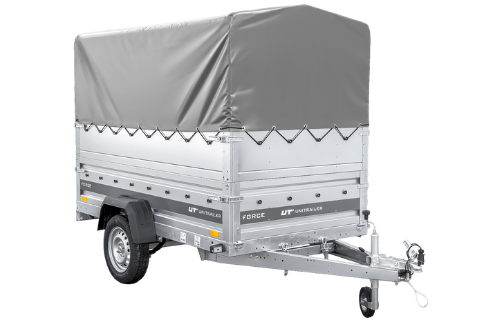 Einachsiger Federanhänger 230x125 UNITRAILER FORCE 230/R KIPP mit BIS-Seitenwänden, H-800-Rahmen und grauer Plane