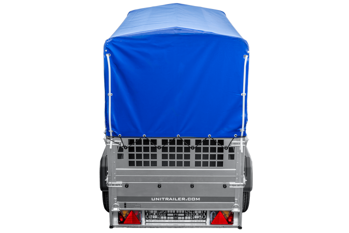 Leichter Anhänger 200x106 UNITRAILER GARDEN 200 KIPP mit Gitterwänden, H-800 Rahmen und blauer Plane