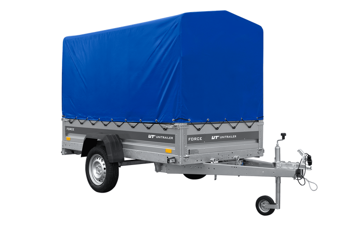 Ungebremster Anhänger 230x125 UNITRAILER FORCE 230 KIPP mit H-1100 Spriegel und blauer Hochplane